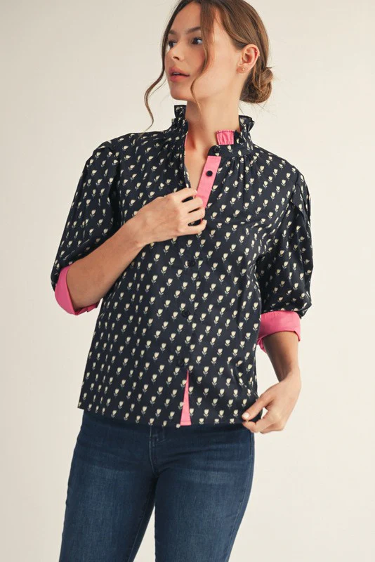 Sarah Solid Contrast Detail Button Down Floral Top