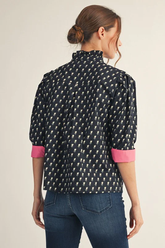 Sarah Solid Contrast Detail Button Down Floral Top - Image 2
