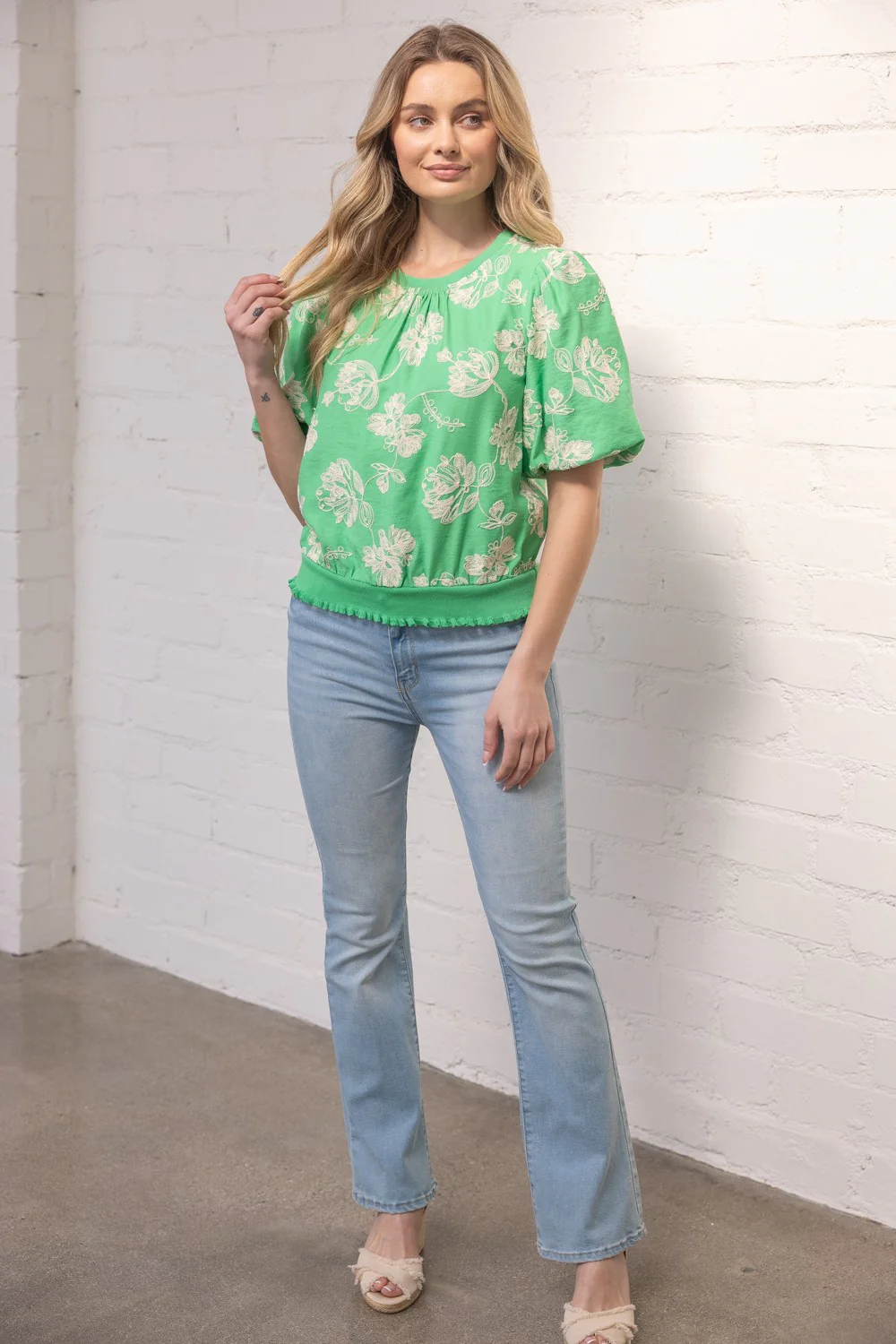 Scarlett Floral Embroidered Elastic Banded Bubble Sleeve Top - Image 18