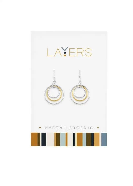 Silver Two-Tone Three Circle Dangle Layers Earrings
