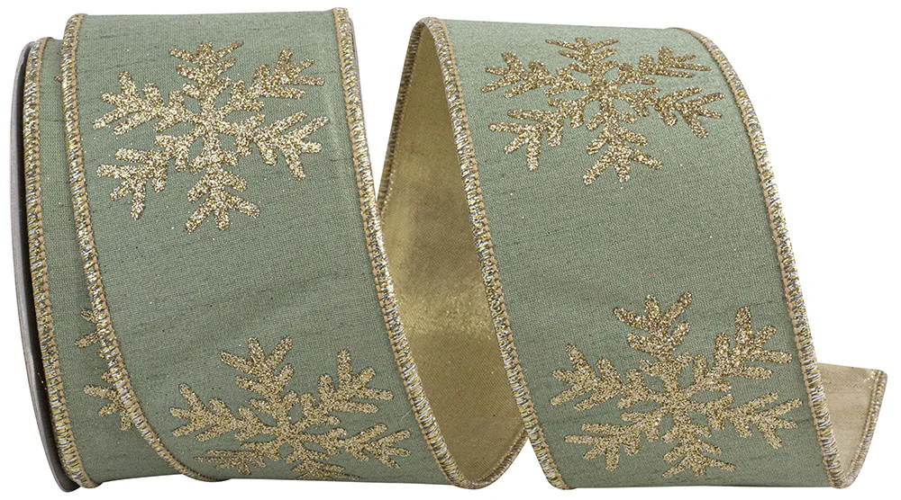 Snowflake Glitter Grande Dupioni Deluxe Backed Wired Edge Ribbon - Sage