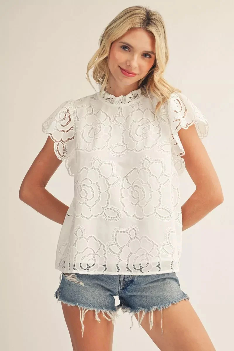 Sophie Flutter Short Sleeves Floral Eyelet Top