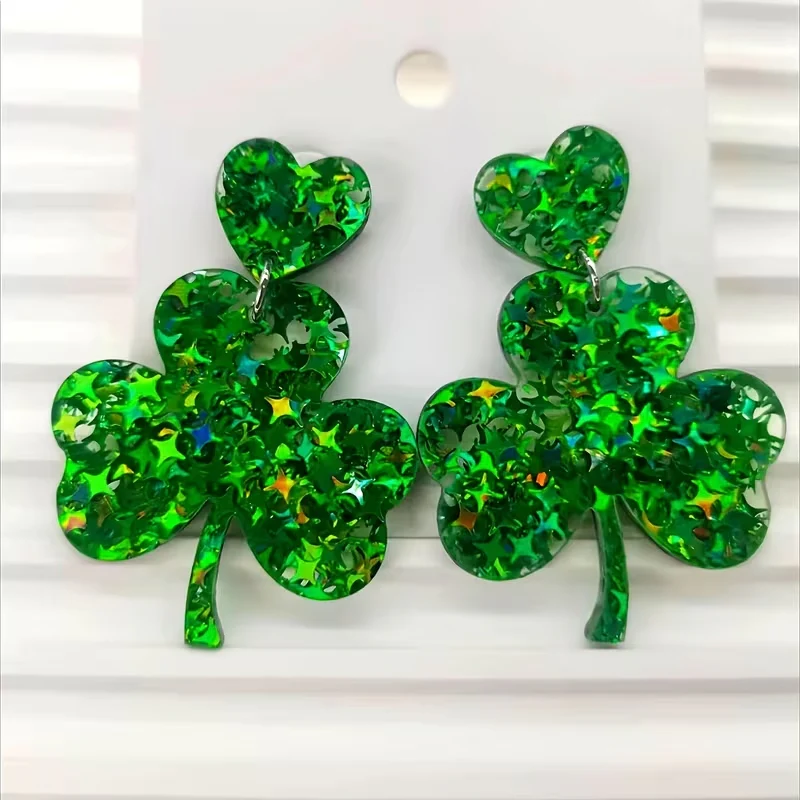 St. Patrick's Day Green Glitter Clover Dangle Earrings