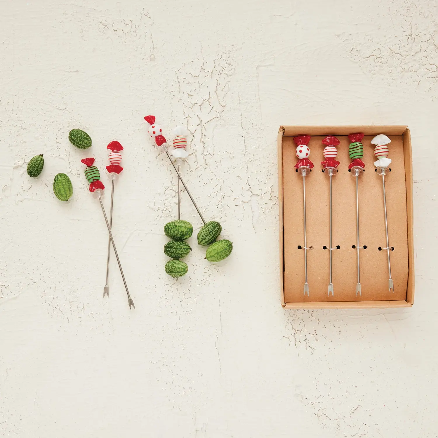 Stainless Steel Picks w Blown Glass Candies - Sold as Set - Image 2