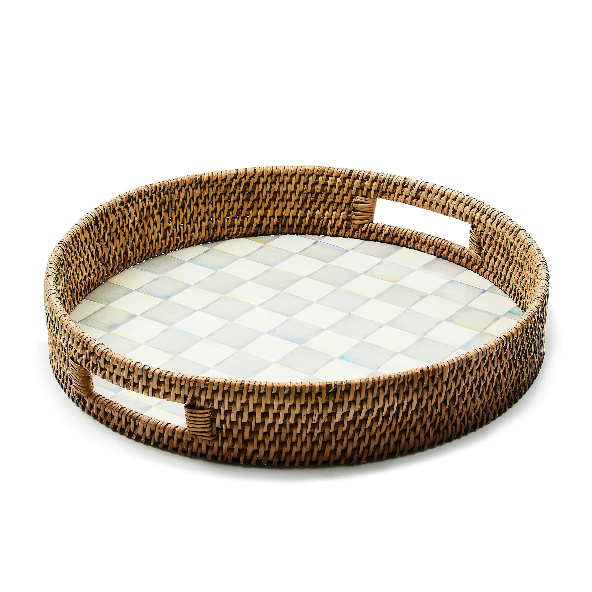 Sterling Check Enamel & Rattan Round Serving Tray - Image 2
