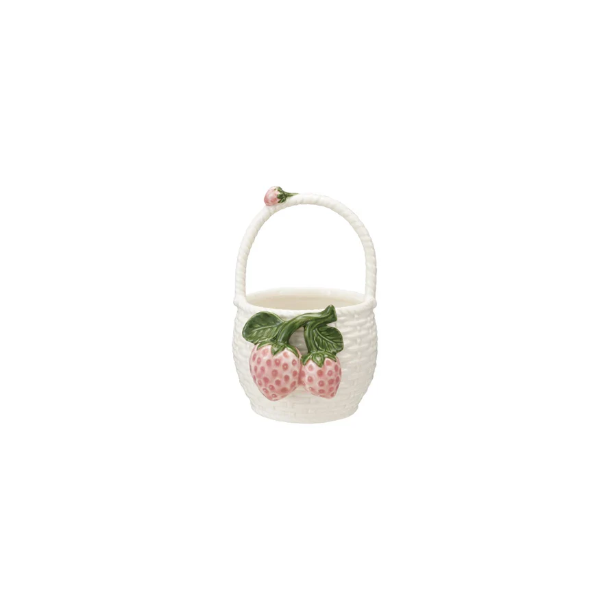 Stoneware Basket Shaped Container with 3D Strawberries & Handle