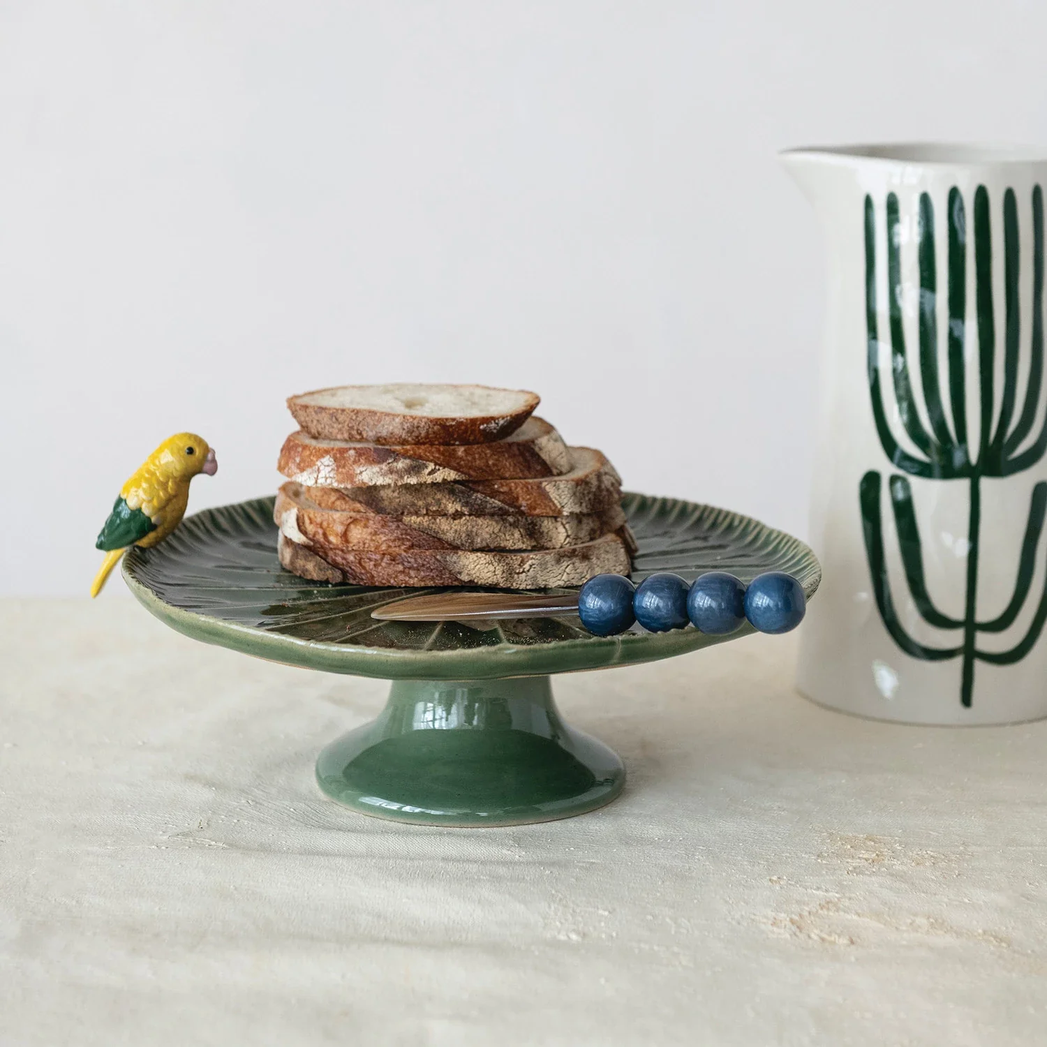 Stoneware Pedestal with 3D Bird, Green & Yellow - Image 2