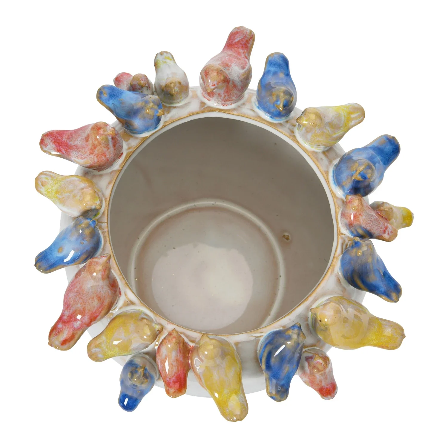 Stoneware Planter with Birds on Rim, Reactive Glaze - Image 2