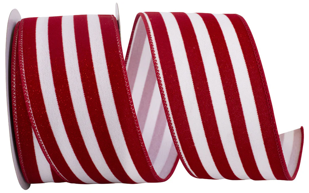 Striped Grande Velvet Sparkle Wired Edge Ribbon - Red/White