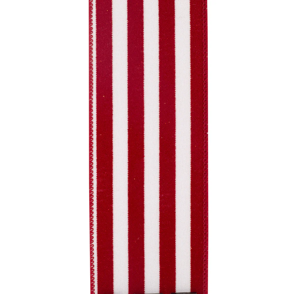 Striped Grande Velvet Sparkle Wired Edge Ribbon - Red/White - Image 2