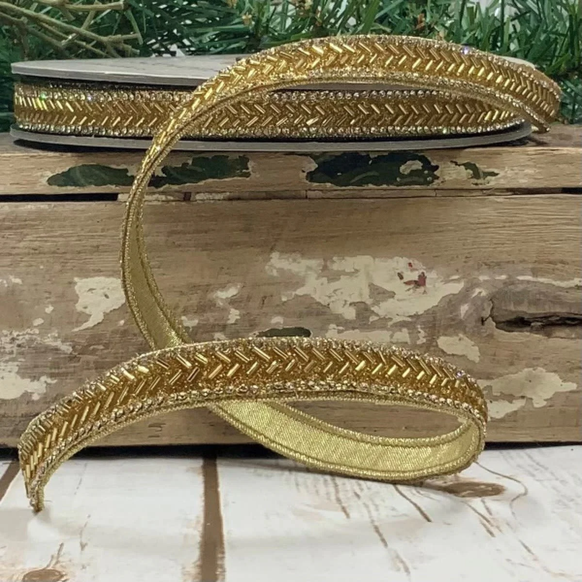 Thin Gold Wired Beaded Ribbon