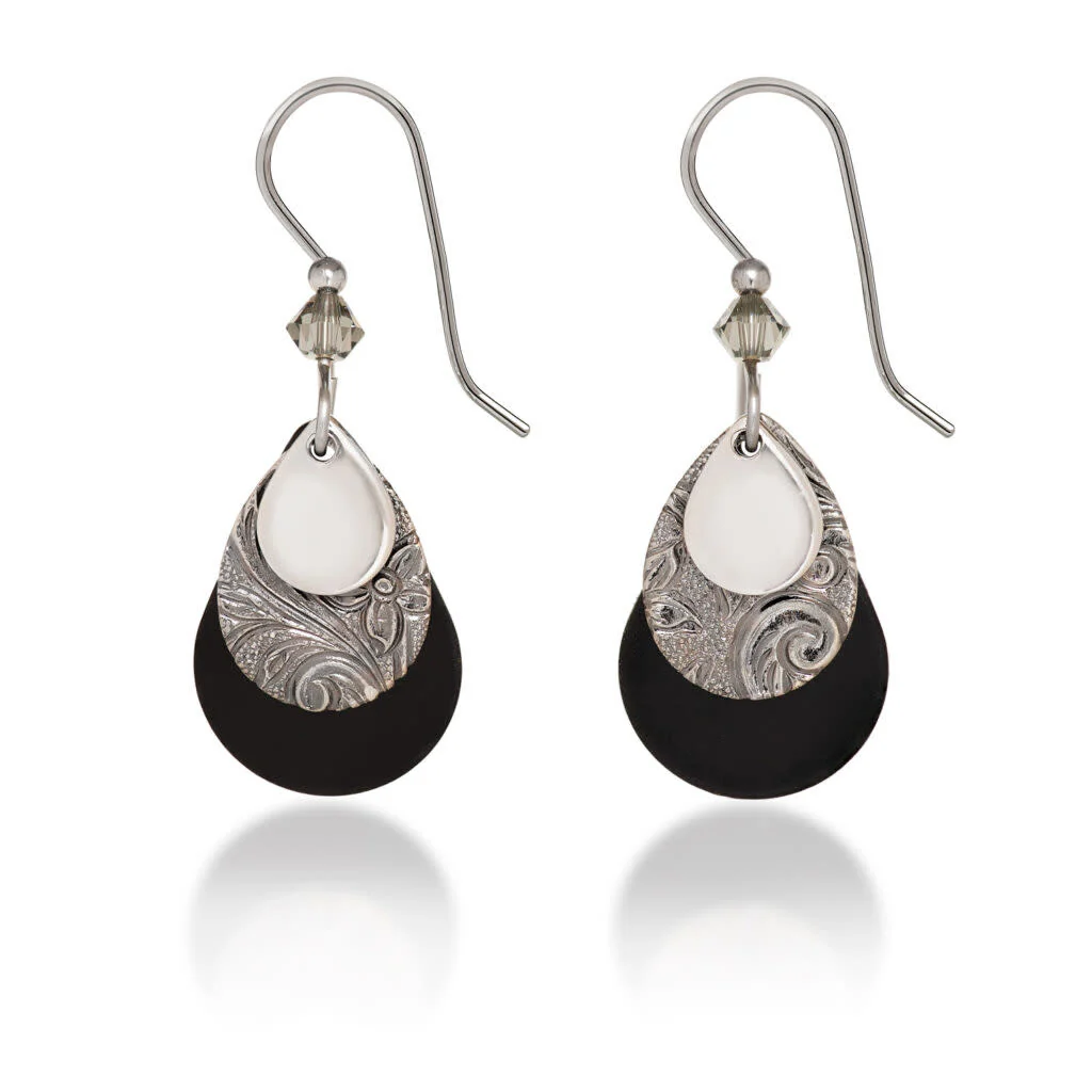 Triple‑Layered Black & Silver Teardrop Earrings