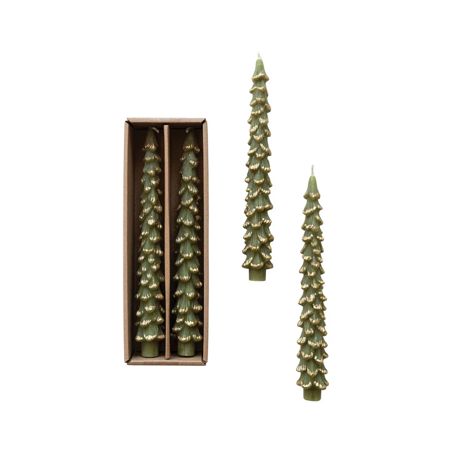 Unscented Tree Shaped Taper Candles w/ Gold Tips in Box - Evergreen