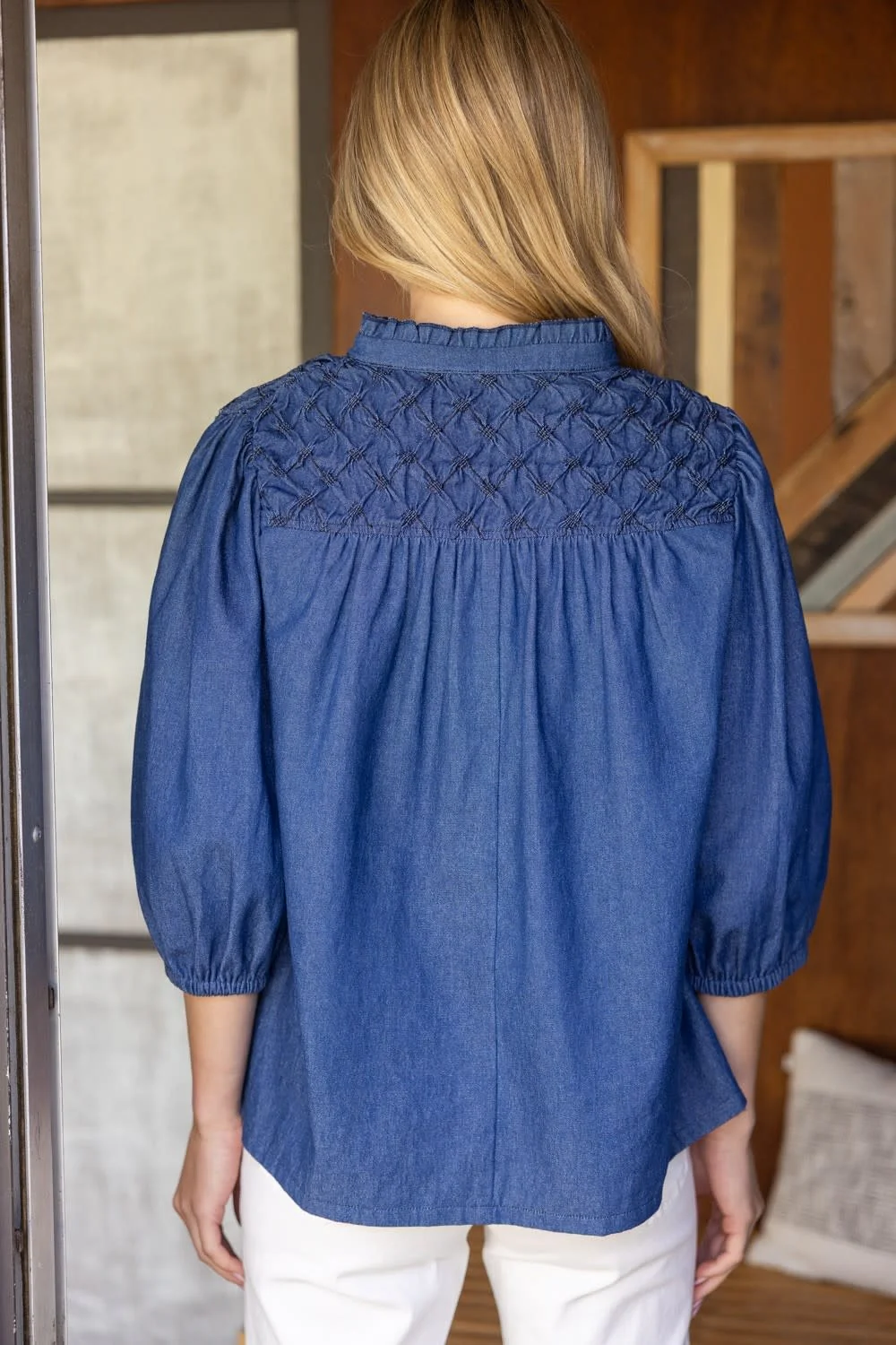 Vicky Diamond Textured Yoke Quarter Puff Sleeve Top - Image 3