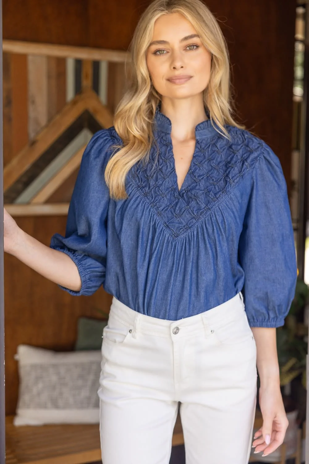 Vicky Diamond Textured Yoke Quarter Puff Sleeve Top - Image 4