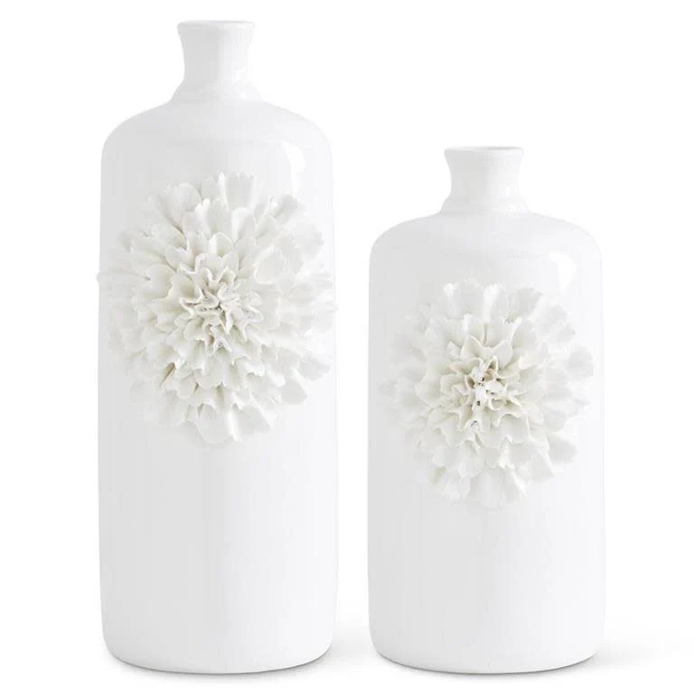 White Ceramic Bottles With White Carnations