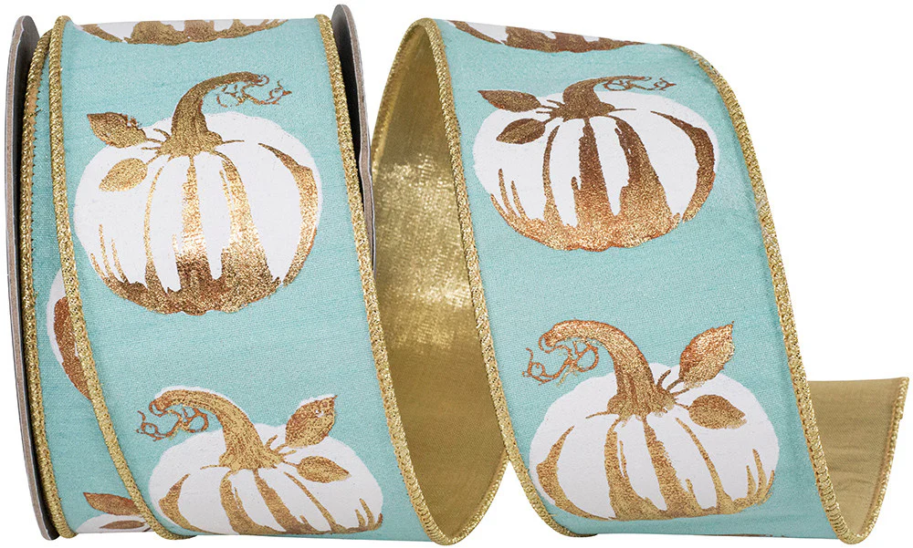 White Gilded Pumpkin Deluxe Wired Edge Ribbon