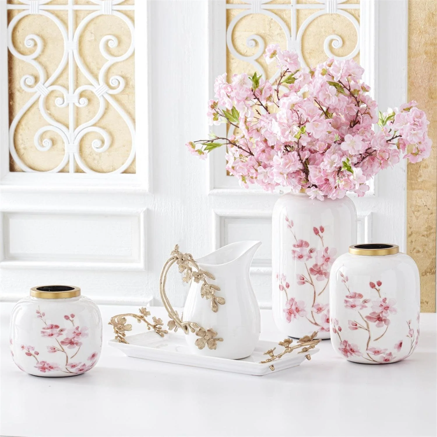 White & Pink Cherry Blossom Enameled Vase with Gold Rim - Image 2