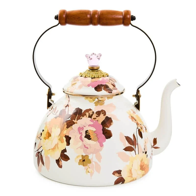 Wild Rose White 3 Quart Tea Kettle