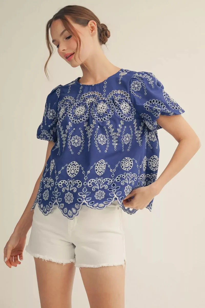 Zoey Short Puff Sleeves Eyelet Lace Babydoll Top