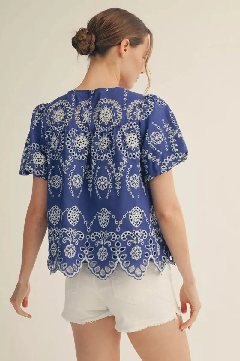Zoey Short Puff Sleeves Eyelet Lace Babydoll Top - Image 2